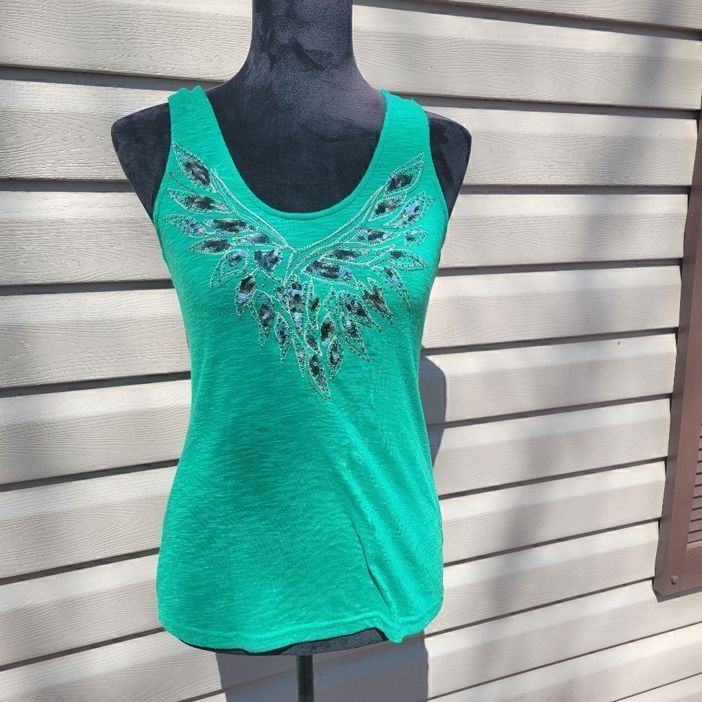Miss Me Green Scoop Neck Sleeveless Sequin Stripe Casual Tank Top Size Small